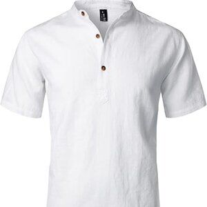 LucMatton Men's Casual Cotton Short Sleeve Henley Shirt Lightweight SZ L